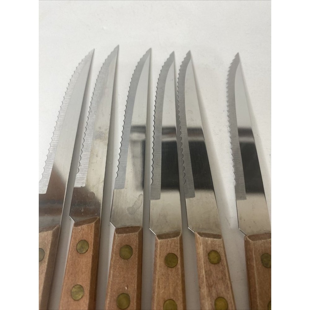 Steak Knives Wooden Handle Serrated Knife Set 6 Wood Stainless Steel - Picture 3 of 5
